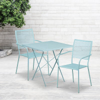 Flash Furniture CO-28SQF-02CHR2-SKY-GG 28" Square Steel Folding Patio Table Set with 2 Square Back Chairs in Blue